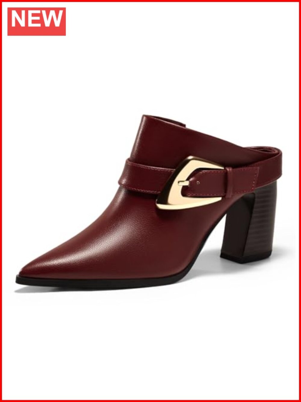 Coutgo Womens Mules Chunky Stacked Heel Pointed Toe Slip On Booties Buckle